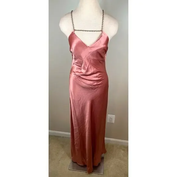 CULT GAIA Kirya Jaipur Gold Chain Halter Neck Pink Satin Maxi Gown Size Small - Picture 3 of 10